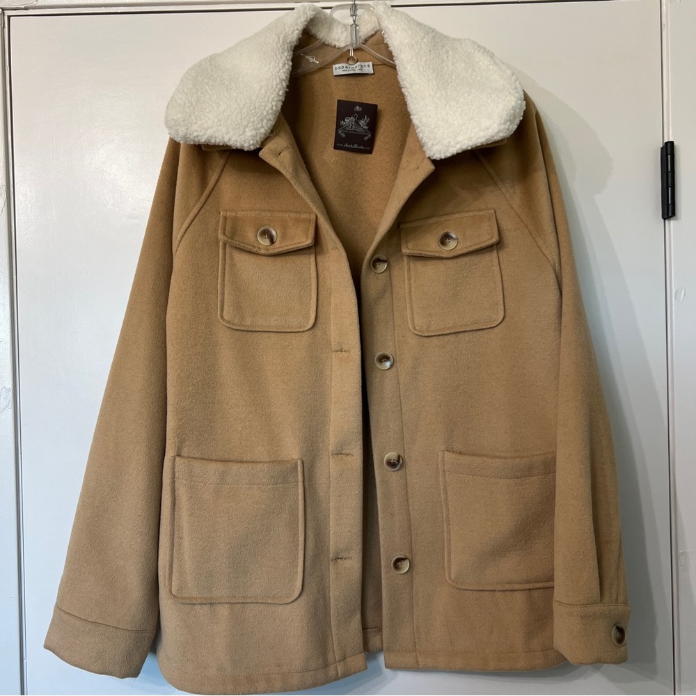 Paper Crane Camel Utility Jacket with White Sherpa Collar